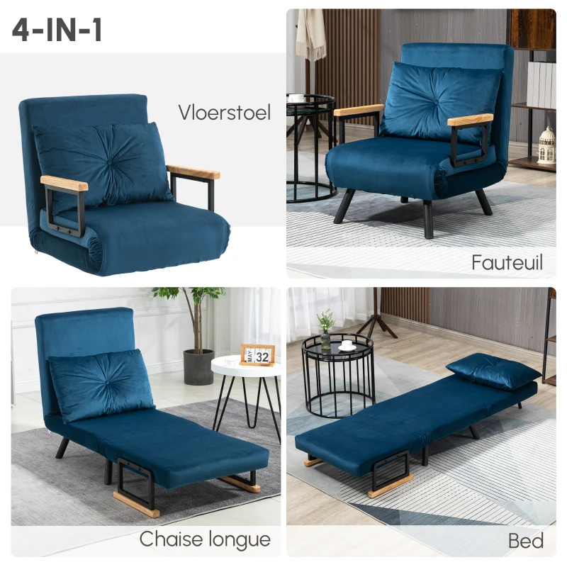 HOMCOM Relaxstoel Ligstoel Fluweel, Ligfunctie, Fluweel, 63 cm x 73 cm x 81 cm, Blauw(m-4)