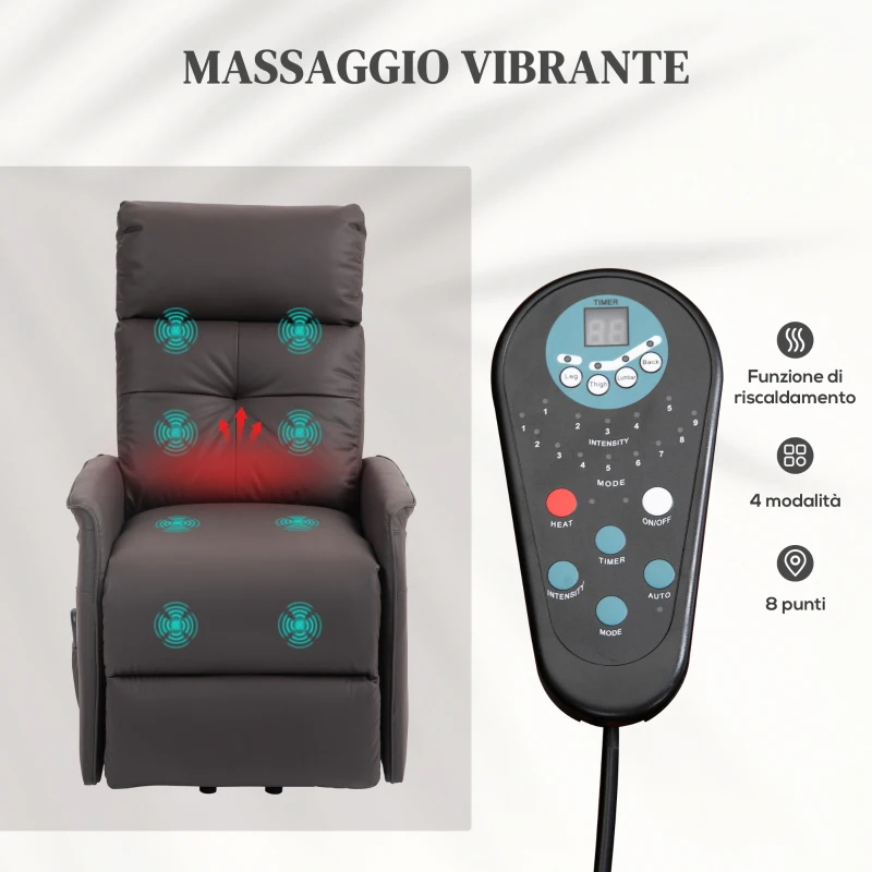 HOMCOM Poltrona Relax Alzapersona e Reclinabile con 8 Punti Massaggio e Riscaldamento, 2 Telecomandi, Marrone