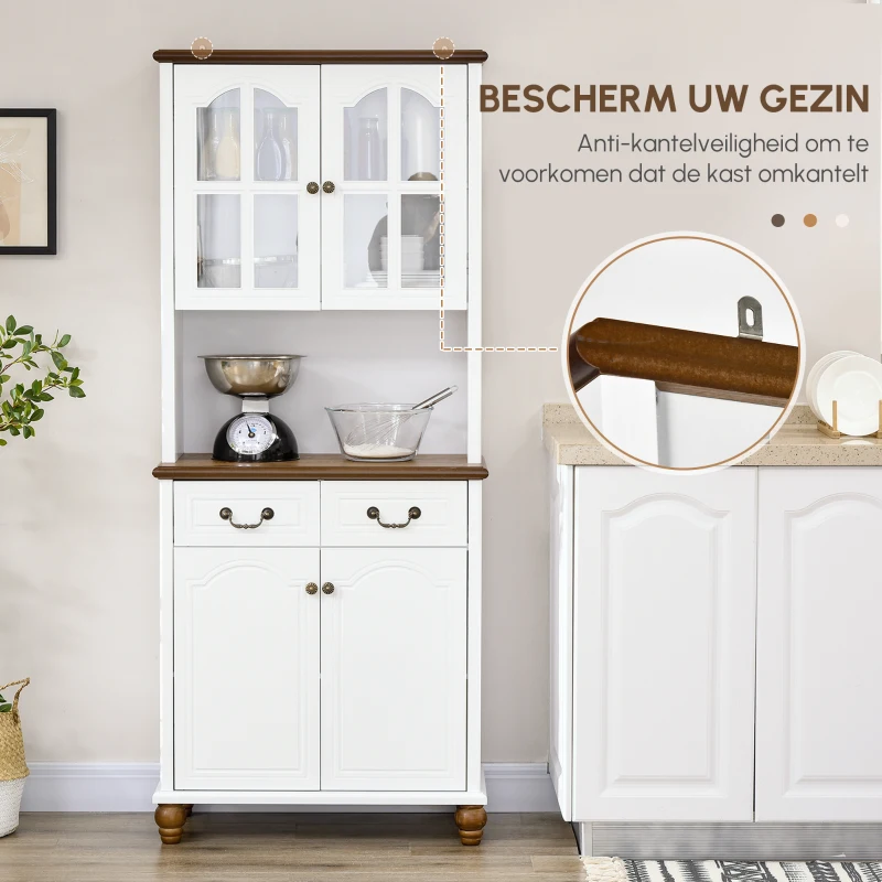 HOMCOM Kast voor in de keuken, buffet, 2 laden, 2 kastvakken, klassiek ontwerp, wit + donkerbruin, 76 x 38 x 182 cm