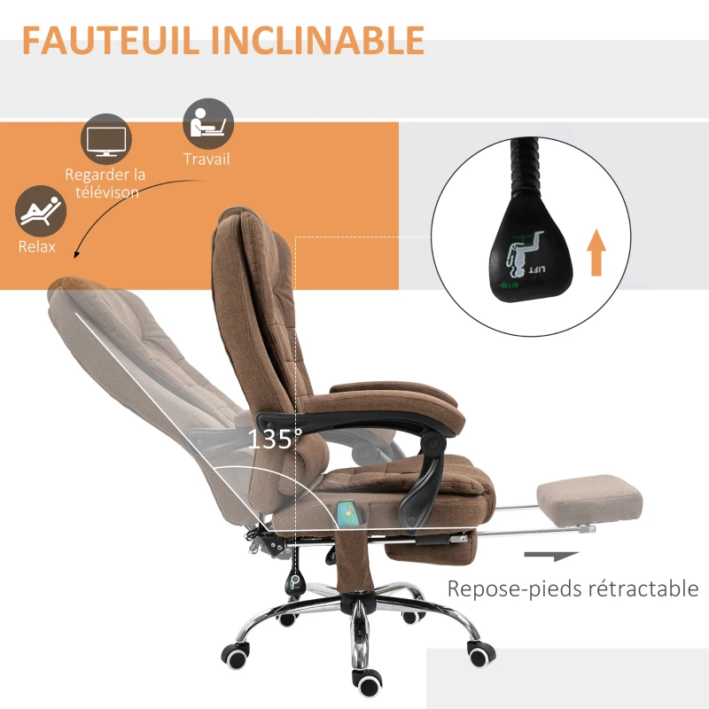 Vinsetto Fauteuil de bureau direction massant chauffant hauteur réglable dossier inclinable repose-pied + coussin lombaires