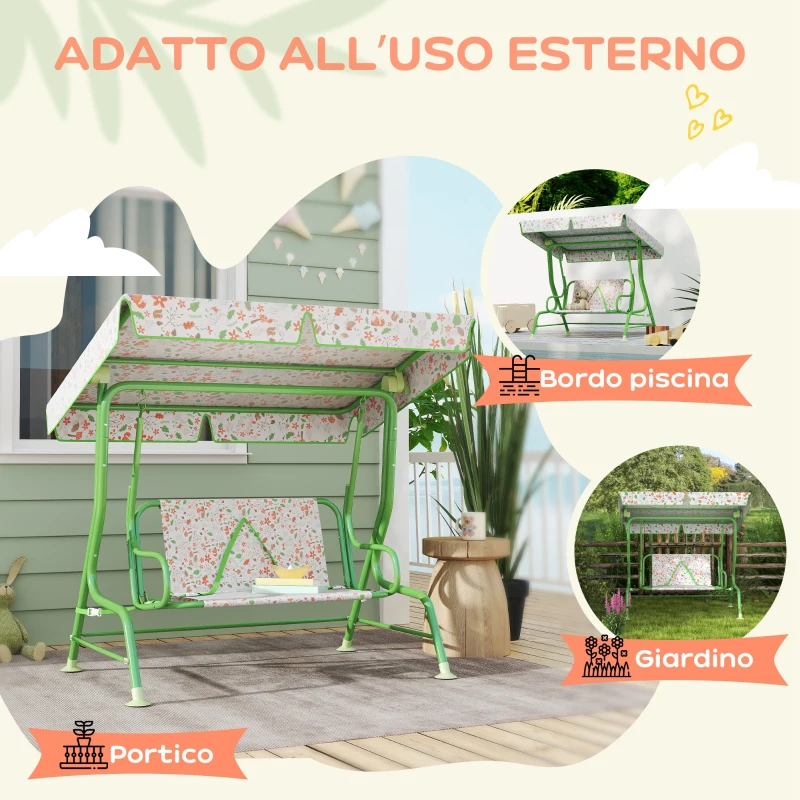 AIYAPLAY Dondolo per Bambini da Esterno a 2 Posti con Tettuccio Regolabile e Cinture di Sicurezza, 112x75x120 cm, Verde