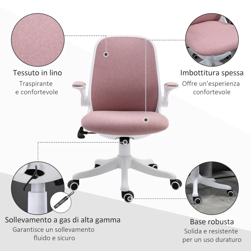 Vinsetto Sedia da Ufficio Ergonomica ad Altezza Regolabile, in Tessuto Effetto Velluto, 62.5x60x94-104 cm, Bianco e Rosa(m-8)