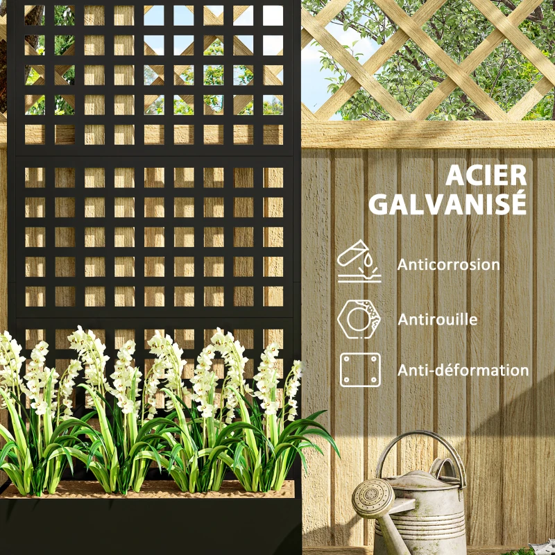 Outsunny Jardinière avec treillis, brise-vue, lit surélevé de jardin acier galvanisée, pour plantes grimpantes, 89x40x178cm, noir
