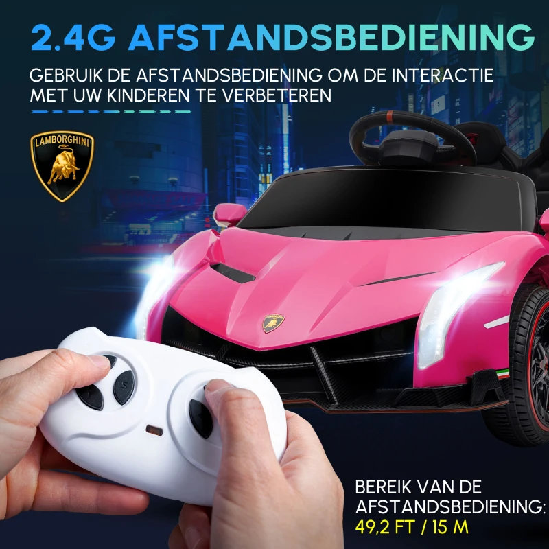 HOMCOM Elektrische Kinderauto, gelicentieerde Lamborghini Veneno, 3-7 km/u, Vleugeldeuren, Muziekspeler, Afstandsbediening, roze