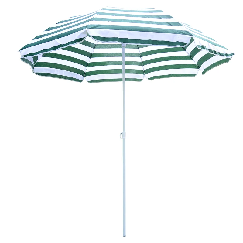 Outsunny 1.8m Beach Parasol Umbrella with Tilt Canopy, Lightweight Patio Garden Sunshade with 8 Ribs, Green & White Stripe