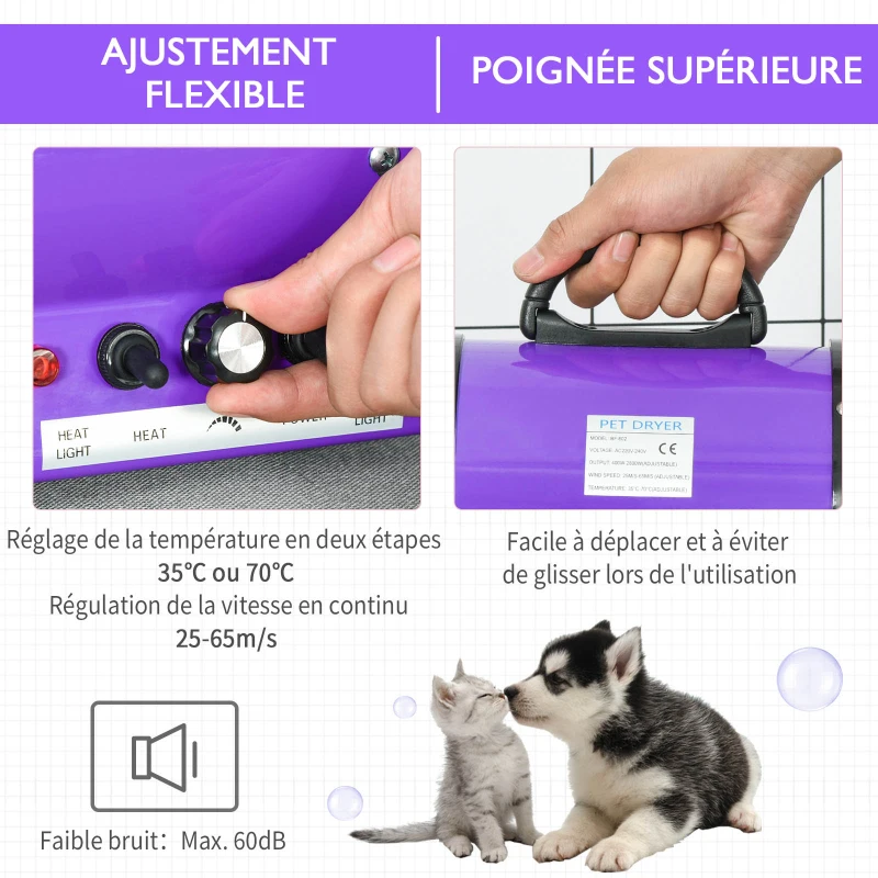 PawHut Séchoir professionnel sèche-poils toilettage pulseur sèche-cheveux pour chiens chats animaux 2800W vitesse et température réglable 3 buses interchangeables incluses violet