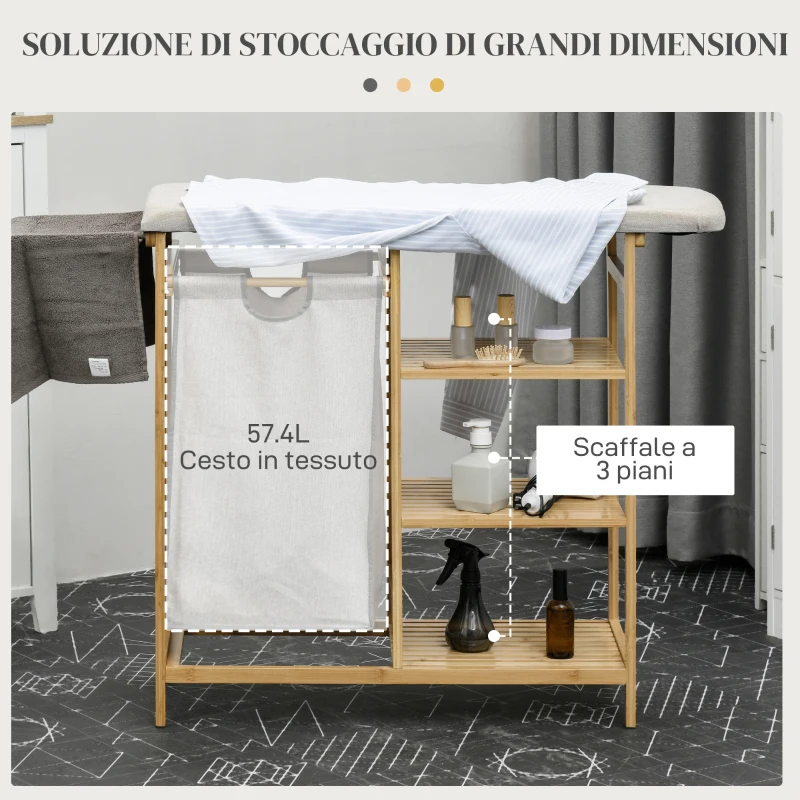 HOMCOM Cestino Portabiancheria in Bambù e Poliestere con Asse da Stiro e Ripiano a 3 Livelli, 113x34x82 cm