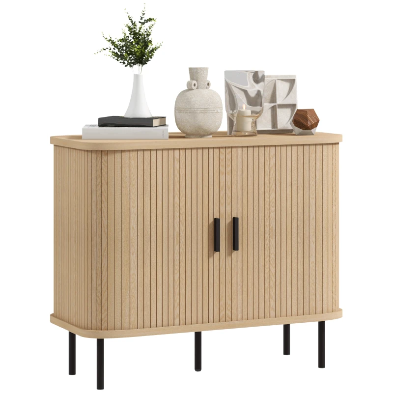 HOMCOM Buffet meuble de rangement avec portes coulissantes à lattes, armoire de cuisine avec pieds en acier, ton chêne