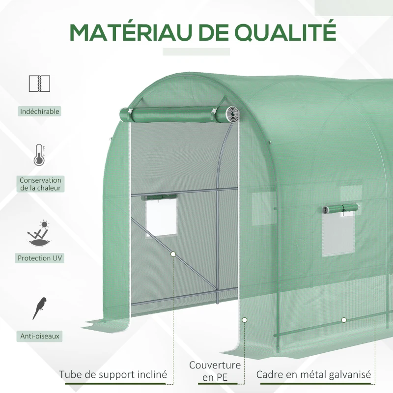 Outsunny Serre de Jardin Tunnel Surface Sol 10 m² 5L x 2l x 2,05H m châssis Tubulaire renforcé Porte zippée 8 fenêtres enroulables Vert