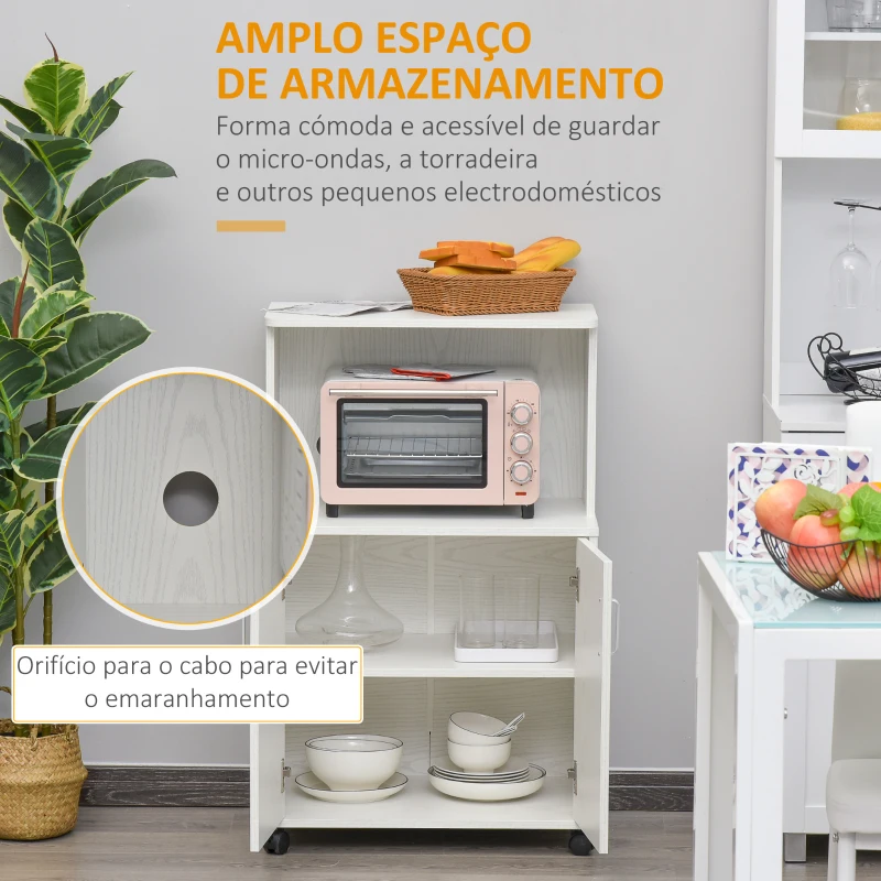 HOMCOM Armário Auxiliar para Microondas Armário de Cozinha Baixo com Armário de 2 Portas e Prateleira Ajustável com Rodas Carga 70 kg 60,4x40,3x97 cm Branco