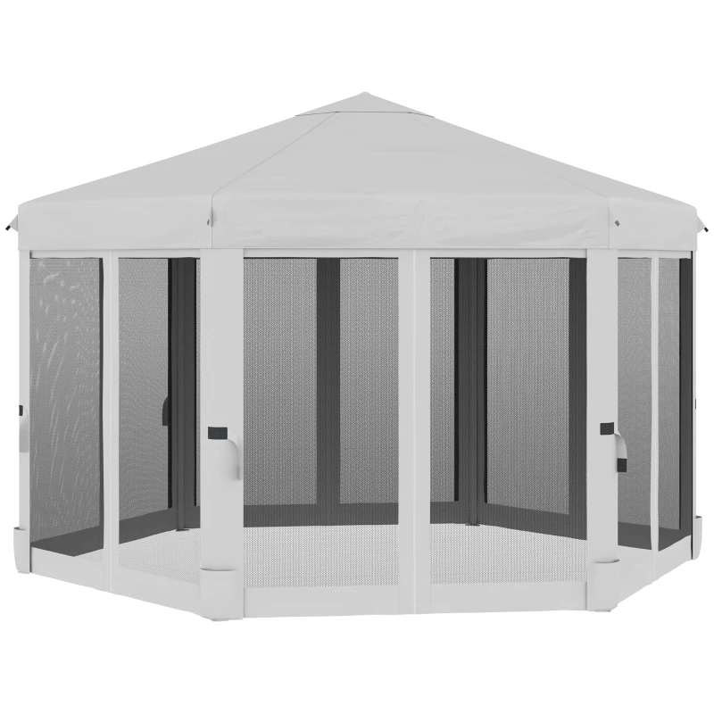 Outsunny 3.2m Pop Up Gazebo Hexagonal Canopy Tent Outdoor Sun Protection with Mesh Sidewalls, Handy Bag, Light Grey