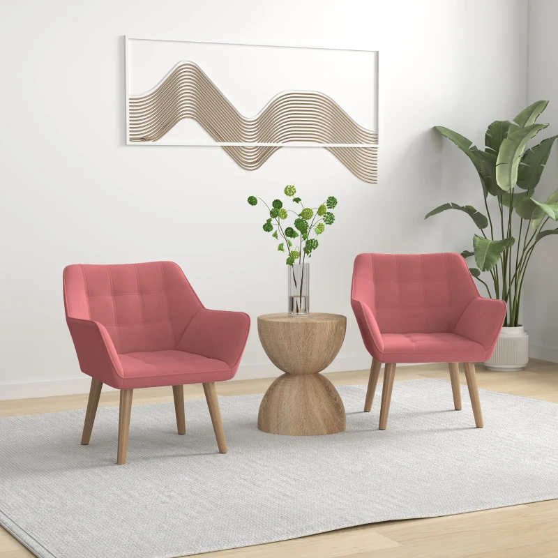 Set of 2 Accent Chair, Arm Chair with Slanted Back, Thick Padding and Rubber Wooden Legs for Living Room, Pink
