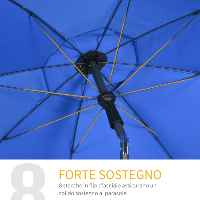 Outsunny Ombrellone da Spiaggia 1.8x2 m con Reclinazione a 45° e 8 Stecche, Poliestere e Acciaio, Blu