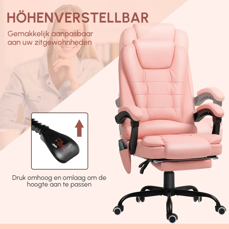 Vinsetto Massage Bureaustoel, 7 Vibratiepunten, Verstelbare Voetensteun & Rugleuning, tot 120 kg, Lederlook, Roze(m-7)