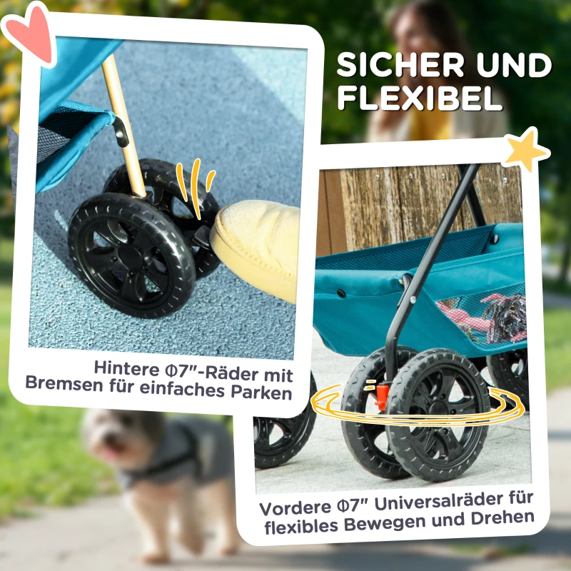 PawHut 3-in-1 Huisdierenbuggy, Opvouwbare Hondenwagen met 4 Wielen en Afneembare Drager voor Honden en Katten Turquoise