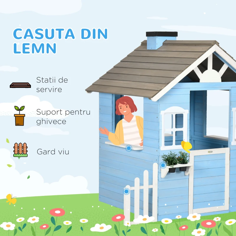 Outsunny Casuta din Lemn de Exterior pentru Copii cu Usa si ferestre, Casuta pentru Copii de la 3 la 7 Ani, 151x112.5x142cm, Albastra(m-4)