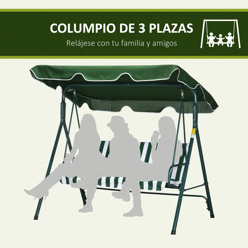 Outsunny Columpio Balancín de Jardín de 3 Plazas con Cojín Techo Ajustable y Marco de Acero 172x110x153 cm Rayas Verde y Blanco