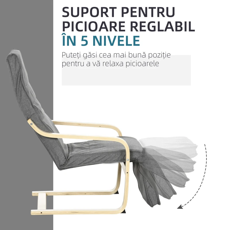 HOMCOM Fotoliu Relax cu Suport picioare pe 5 Niveluri si Tetiera, Fotoliu Ergonomic din Lemn de Mesteacan si Tesut, Gri