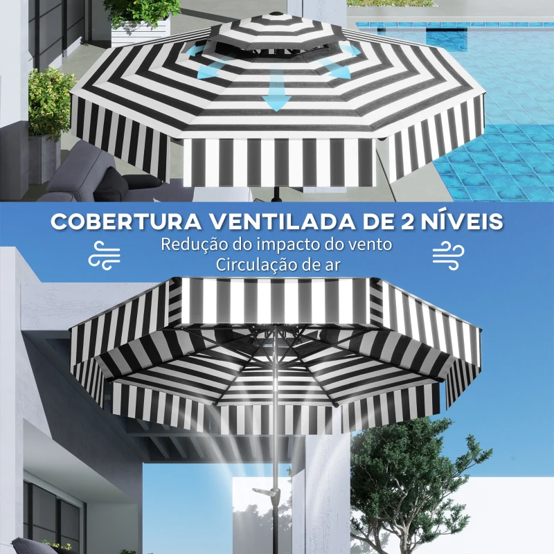 Outsunny Chapéu de Sol para Jardim Ø263 cm Chapéu de Sol de Exterior com Ângulo Ajustável e Manivela Proteção UV30+ Preto e Branco