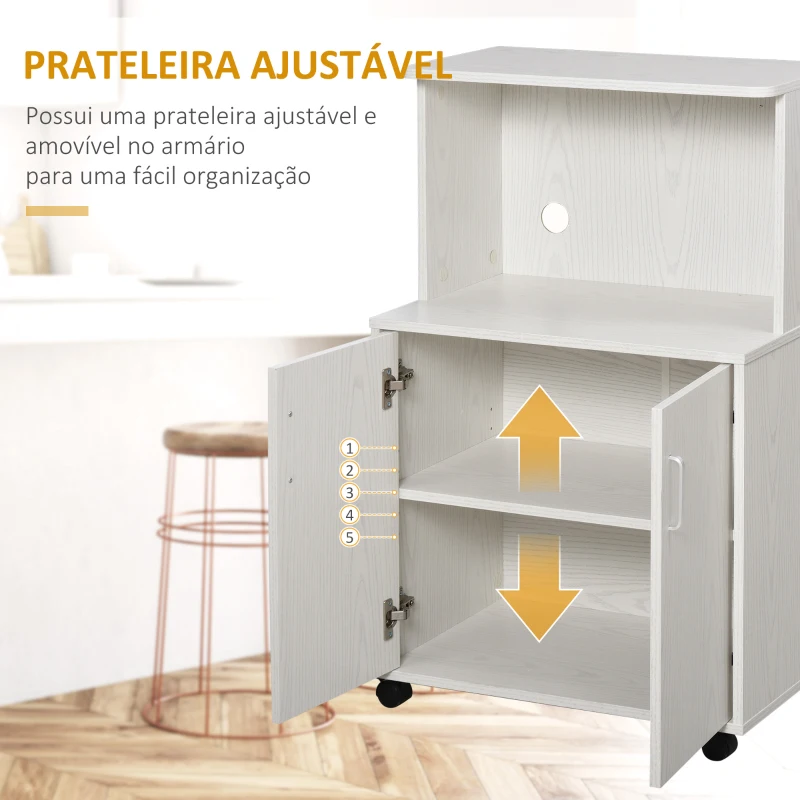 HOMCOM Armário Auxiliar para Microondas Armário de Cozinha Baixo com Armário de 2 Portas e Prateleira Ajustável com Rodas Carga 70 kg 60,4x40,3x97 cm Branco