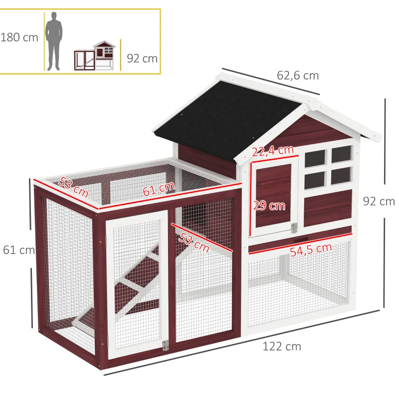 PawHut Clapier cage à lapins multi-équipé : niche supérieure avec rampe, plateau excrément, fenêtre + enclos  extérieur sécurisé 2 portes 122L x 63l x 92H cm rouge brique
