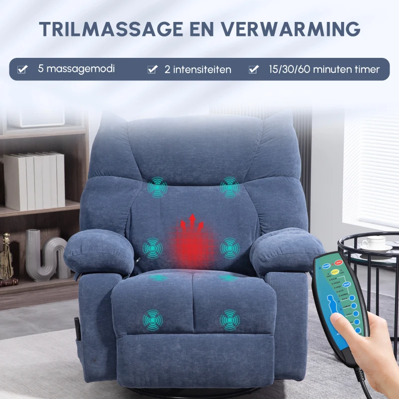 HOMCOM Massagestoel met Warmte- & Ligfunctie, Draaibaar, tot 150 kg, Metalen Frame, 98x90x98cm, Blauw(m-4)