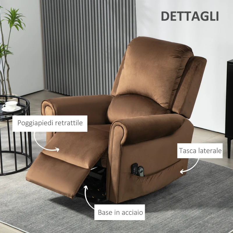 HOMCOM Poltrona Alzapersona Reclinabile a 135° e Massaggiante con Telecomando, 88x92x106 cm, Marrone Scuro