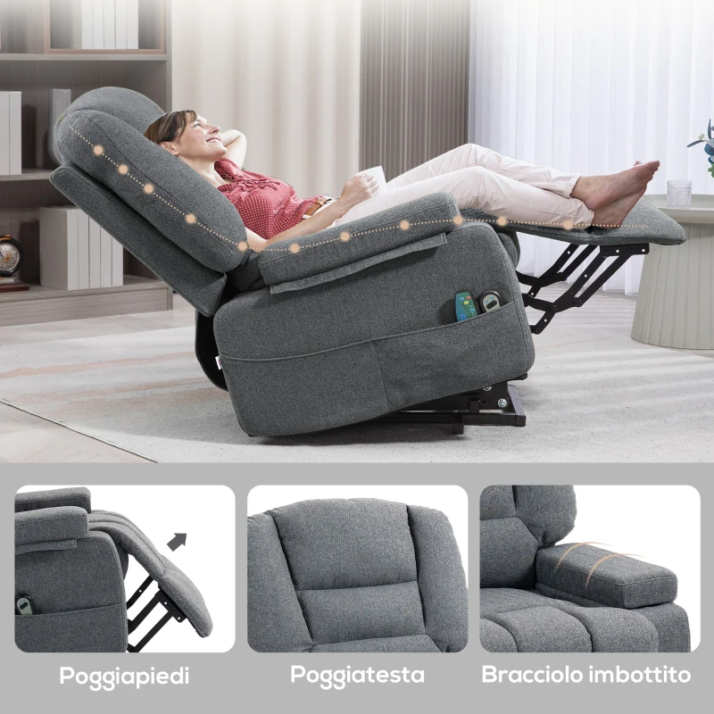 HOMCOM Poltrona Alzapersona Reclinabile con 8 Punti Massaggianti, in Tessuto Effetto Lino, 97x90x102 cm, Grigio