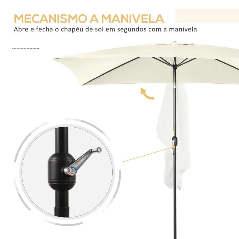 Outsunny Chapéu de Sol de Alumínio Retangular com Toldo Inclinável a Manivela e Mastro Desmontável  195x295x253 cm Creme