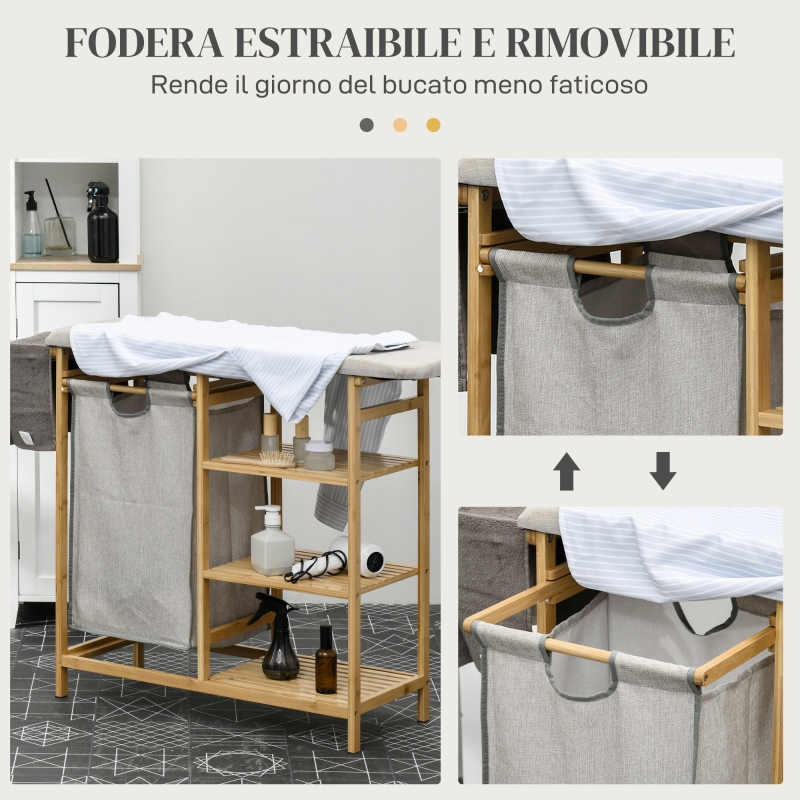 HOMCOM Cestino Portabiancheria in Bambù e Poliestere con Asse da Stiro e Ripiano a 3 Livelli, 113x34x82 cm