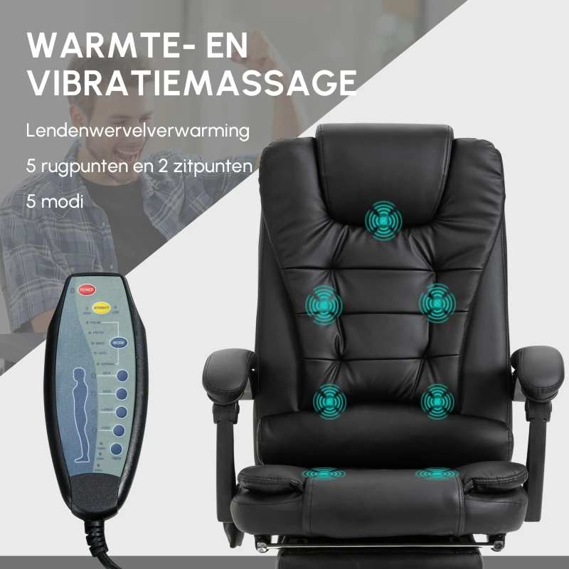 Vinsetto Massagestoel directiestoel met voetensteun, verstelbare rugleuning PVC zwart(m-4)