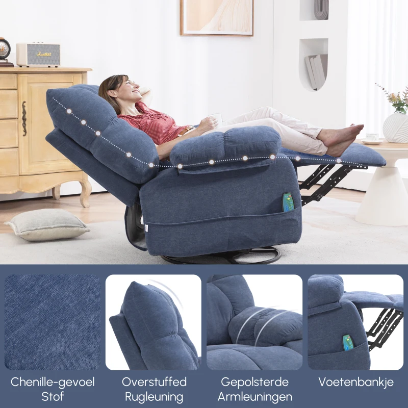 HOMCOM Massagestoel met Warmte- & Ligfunctie, Draaibaar, tot 150 kg, Metalen Frame, 98x90x98cm, Blauw(m-8)
