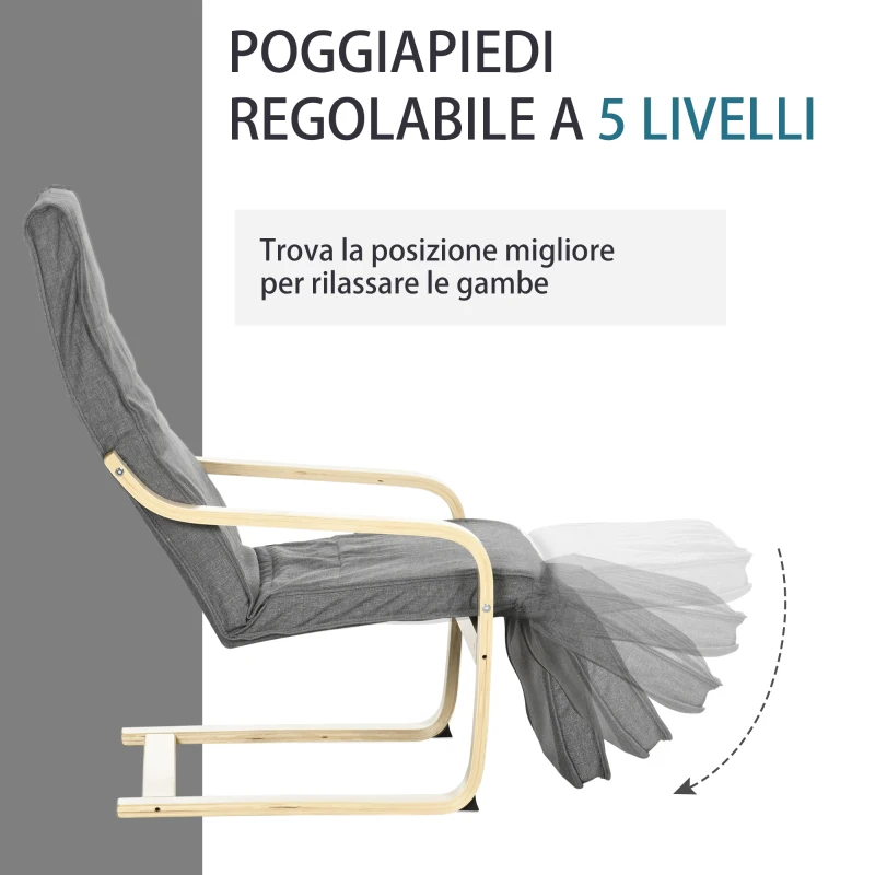 HOMCOM Poltrona Relax con Poggiapiedi a 5 Livelli e Poggiatesta in Legno di Betulla e Tessuto, Grigio
