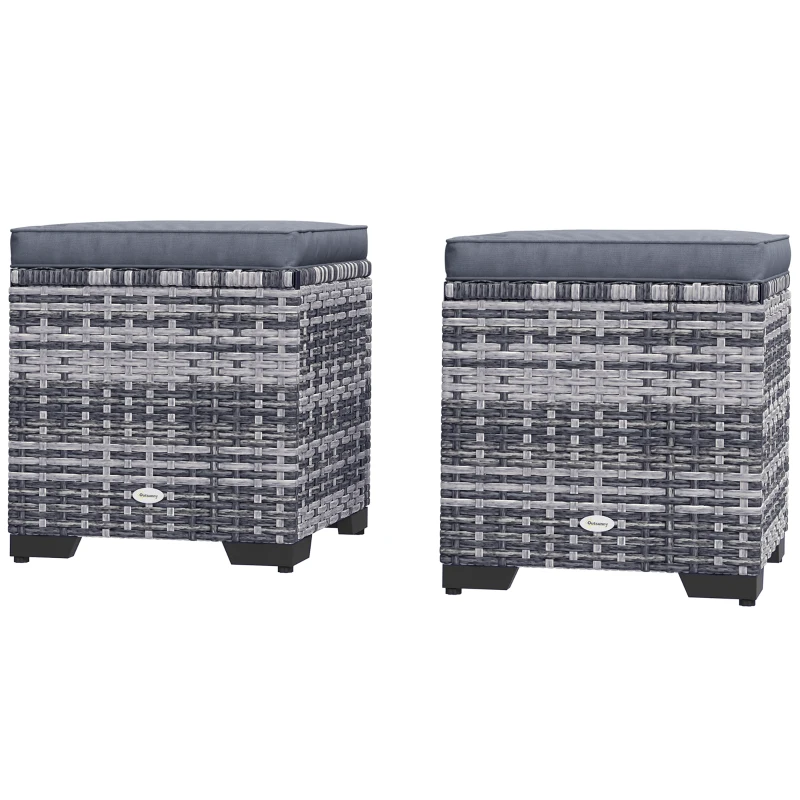 Outsunny Set of 2 Rattan Storage Ottoman, Outdoor Footstool with Removable Cushions, Garden Storage Seat for Balcony, Porch, Living Room, Dark Grey