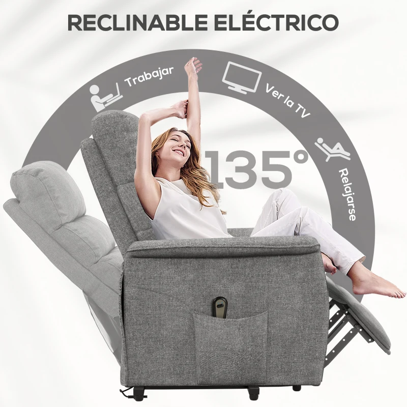 HOMCOM Sillón Relax Reclinable Eléctrico Levanta Personas con Mando a Distancia y Bolsillo Lateral Sillón Elevador Gris