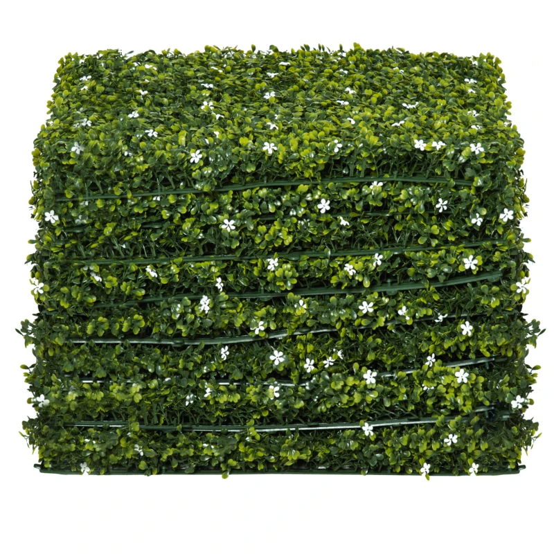 Outsunny 12PCS Artificial Boxwood Wall Panels 50cm x 50cm Grass Privacy Fence Screen Faux Hedge Greenery Backdrop Encrypted Milan Grass with White Flowers for Home Garden Backyard Balcony