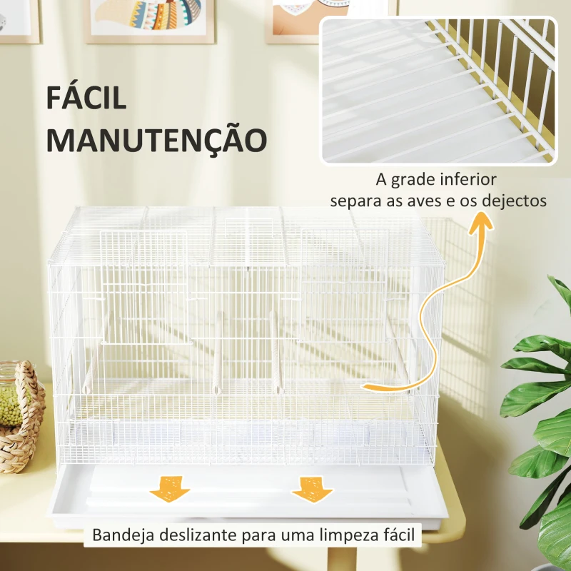 PawHut Gaiola para Pássaros com Divisória Gaiola para Aves com 4 Comedouros 4 Poleiros e Bandeja Amovível 76x46x46 cm Branco