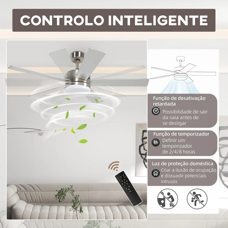 HOMCOM Ventoinha de Teto com Luz LED 46W Ø132 cm com 5 Lâminas Reversíveis Controlo Remoto 6 Velocidades e Temporizador Natural