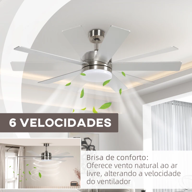 HOMCOM Ventoinha de Teto com Luz LED 46W Ø132 cm com 5 Lâminas Reversíveis Controlo Remoto 6 Velocidades e Temporizador Natural