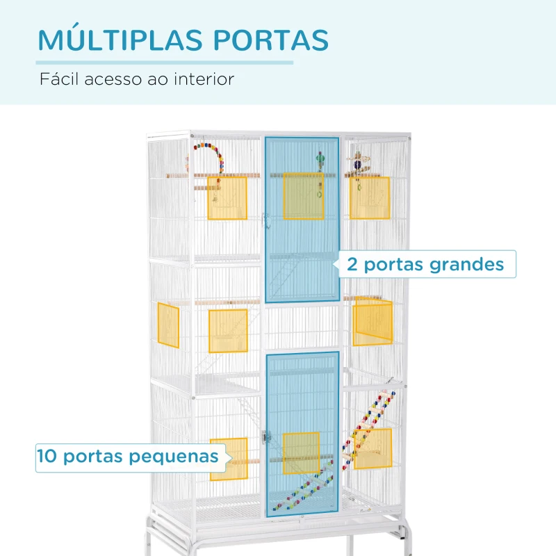 PawHut Gaiola para Pássaros com Rodas de 3 Níveis com 3 Poleiros Comedouros Brinquedos Rampas e Prateleira 83x53x180 cm Branco