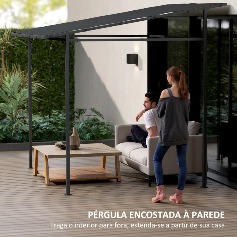 Outsunny Pérgola de Parede 2,4x2,4 m Pérgola de Jardim com Teto Inclinado Proteção UV 30+ Impermeável e Estrutura de Metal Cinza