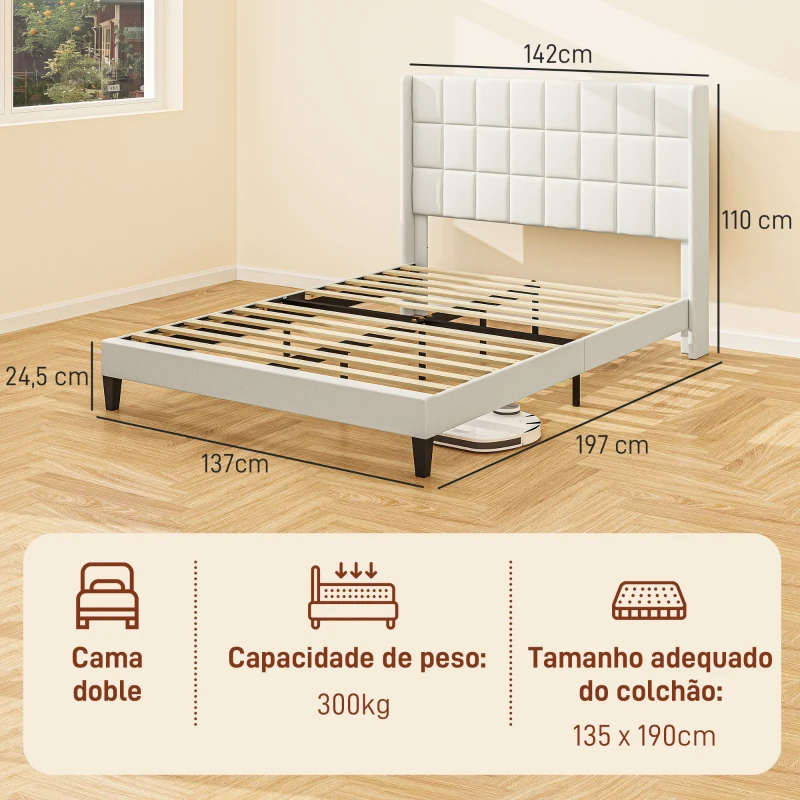HOMCOM Estructura de Cama 135x190 cm con Cabecera y Espacio de Almacenamiento Debajo de la Cama Carga 300 kg Beige