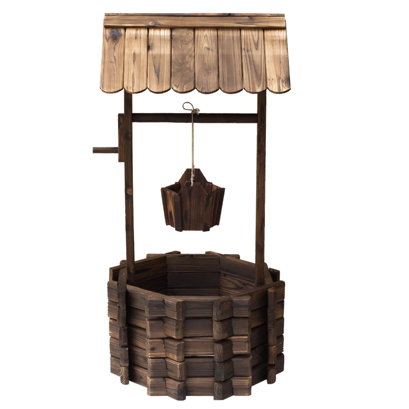 Outsunny Wooden Wishing Well Planter Outdoor Flower Pot Backyard Garden Decor w/ Bucket