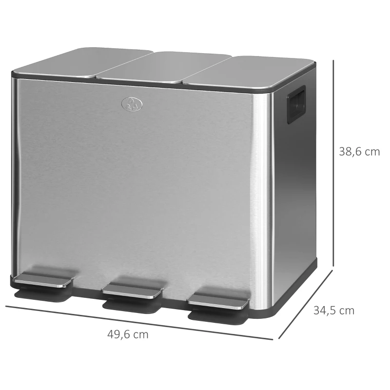 HOMCOM Balde de Lixo de Cozinha com 3 Compartimentos 3x10L com Pedais Tampas com Fechamento Suave e Cubo Amovível 49,6x34,5x38,6 cm Prata