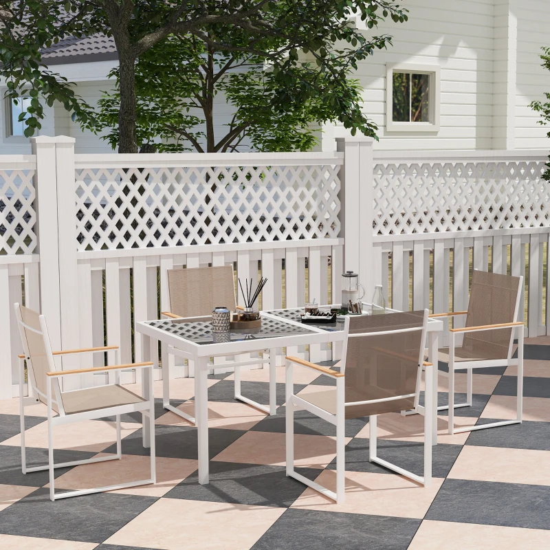 Outsunny 5-częściowy zestaw do jedzenia na zewnątrz, stół ze szkła hartowanego, 4 krzesła, odporny na warunki atmosferyczne, rama stalowa, meble tarasowe, wielobarwny