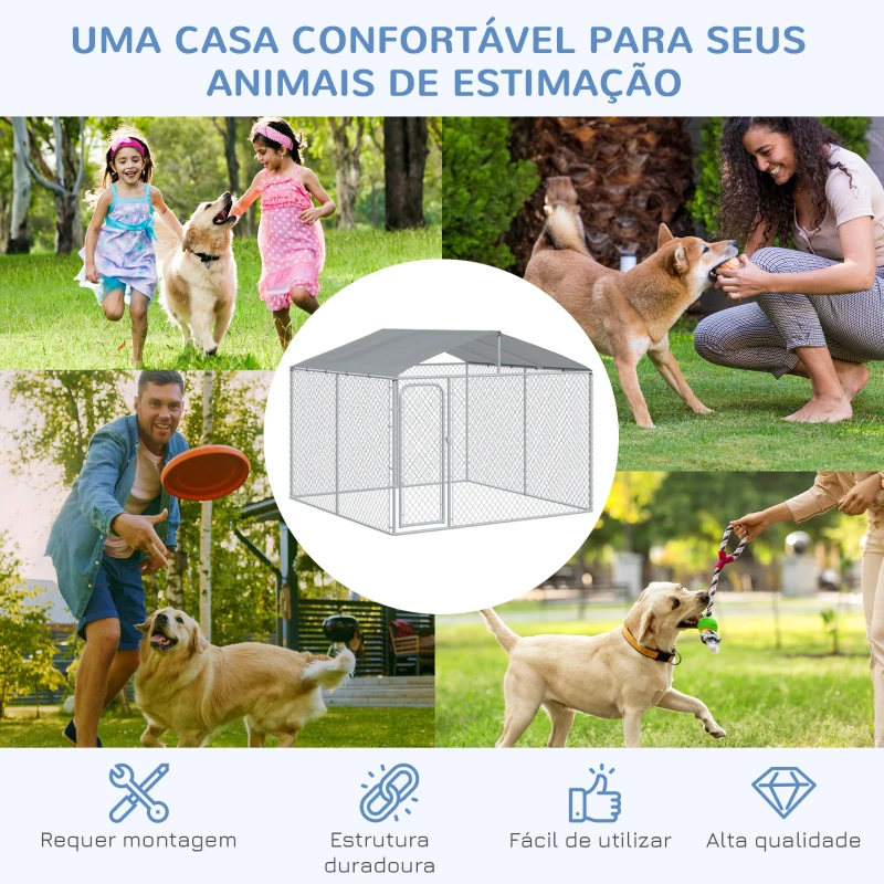 PawHut Canil de Exterior com Toldo Gaiola para Animais de Estimação com 1 Porta e Estrutura de Aço 300x300x234 cm Prata