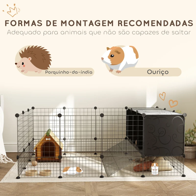 PawHut Recinto para Pequenos Animais Modular Parque para Coelhos com 39 Painéis 3 Abrigos para Cobaias e Coelhos-da-Índia Preto
