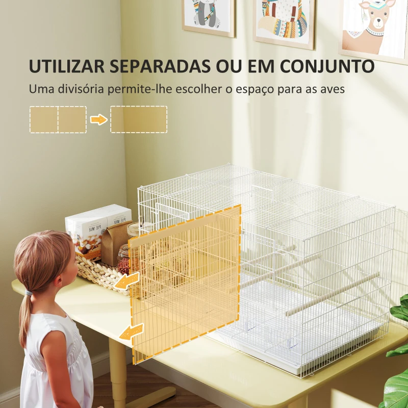 PawHut Gaiola para Pássaros com Divisória Gaiola para Aves com 4 Comedouros 4 Poleiros e Bandeja Amovível 76x46x46 cm Branco