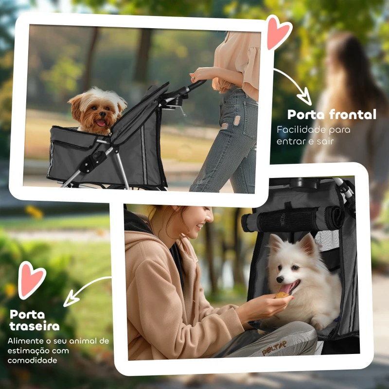 PawHut Carrinho de Passeio para Animais de Estimação Dobrável com Cesta de Armazenamento e Travão 75x45x97 cm Cinza