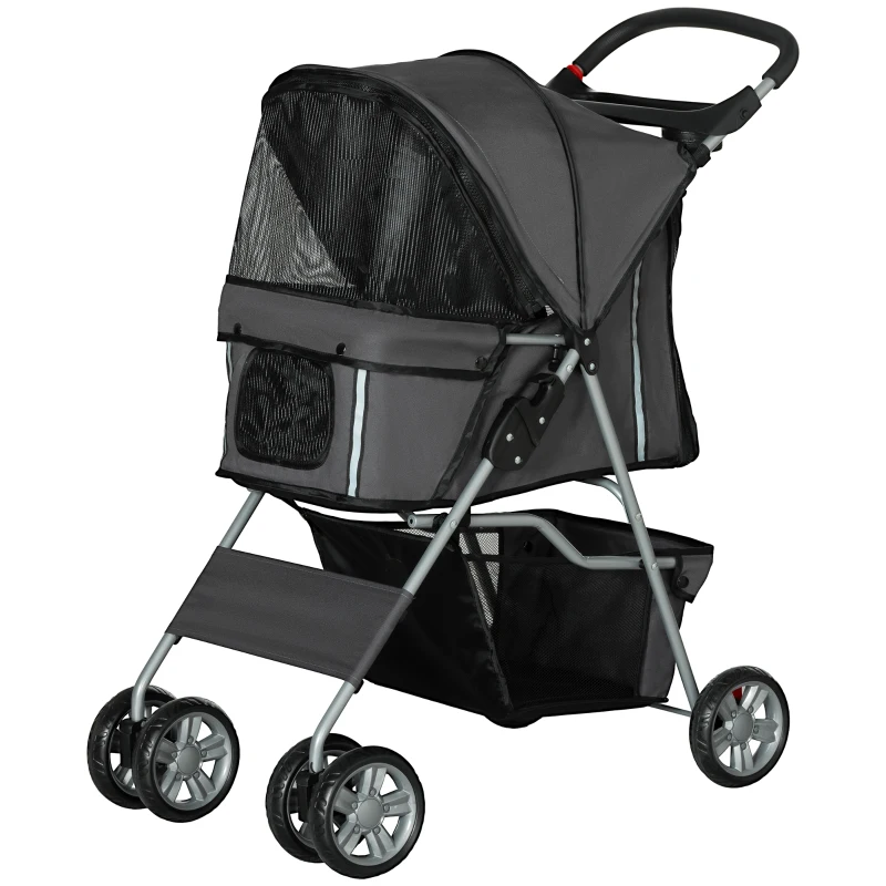 PawHut Carrinho de Passeio para Animais de Estimação Dobrável com Cesta de Armazenamento e Travão 75x45x97 cm Cinza